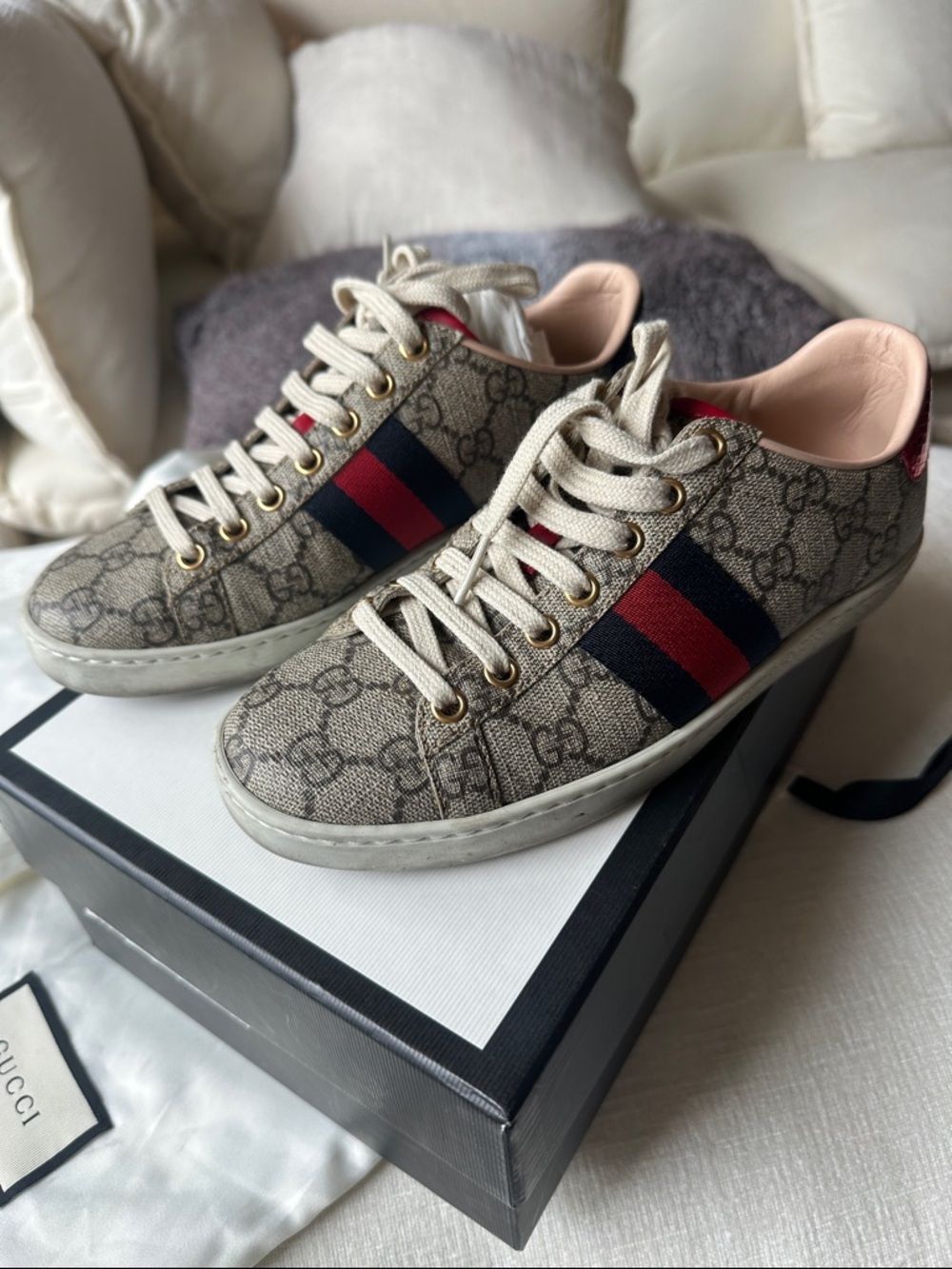 Gucci Beige GG Supreme Canvas Sneakers with Red & Navy Web